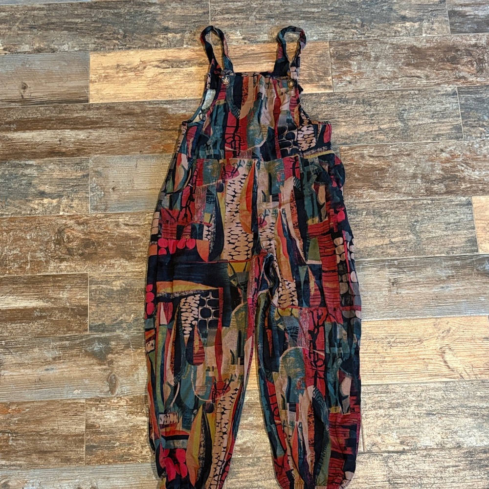 Printed Multi-Color Cropped Overalls